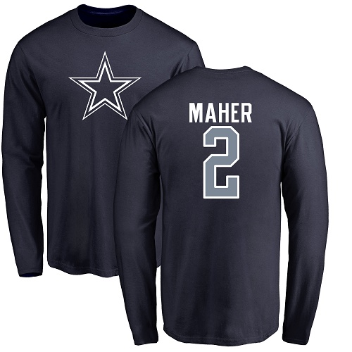 Men Dallas Cowboys Navy Blue Brett Maher Name and Number Logo #2 Long Sleeve Nike NFL T Shirt